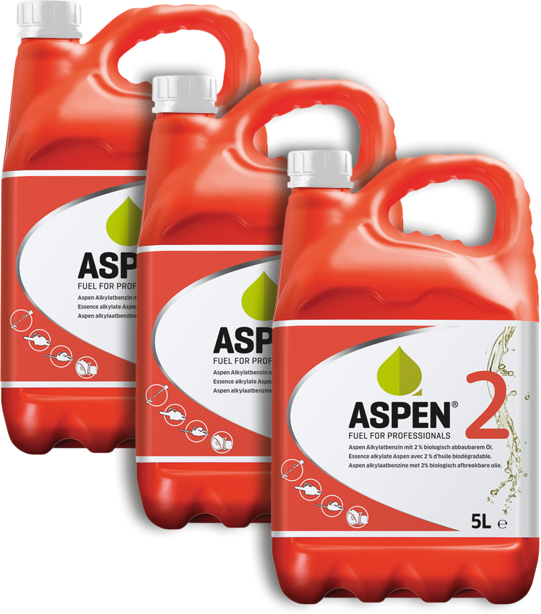 ASPEN2T-15 Aspen 2 is een alkylaatbenzine gemengd met 2% biologisch afbreekbare 2-takt olie, geschikt voor kettingzagen, bosmaaiers, heggenscharen, bladblazers en andere 2-takt motoren.