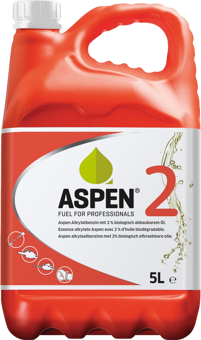 ASPEN2T-5 Aspen 2 is een alkylaatbenzine gemengd met 2% biologisch afbreekbare 2-takt olie, geschikt voor kettingzagen, bosmaaiers, heggenscharen, bladblazers en andere 2-takt motoren.