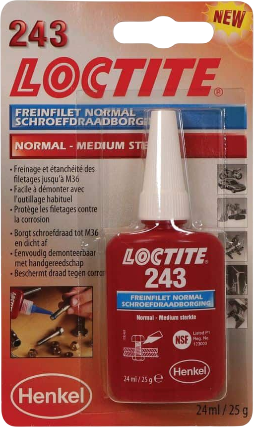 LC1370559 LOCTITE® 243 is een blauw schroefdraadborgmiddel met gemiddelde sterkte dat moeren en bouten dicht en vergrendelt, zodat die niet loskomen bij schokken en trillingen.