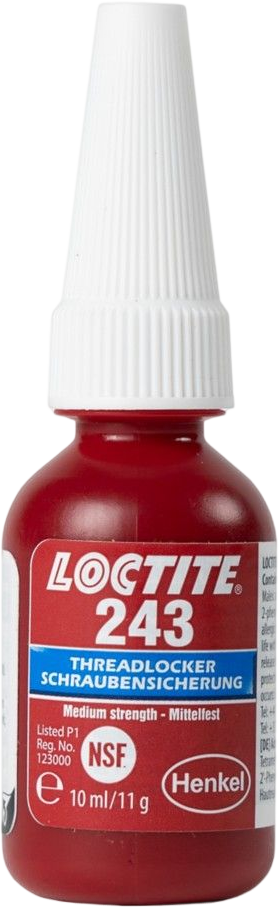 LC1918244 LOCTITE® 243 is een blauw schroefdraadborgmiddel met gemiddelde sterkte dat moeren en bouten dicht en vergrendelt, zodat die niet loskomen bij schokken en trillingen.