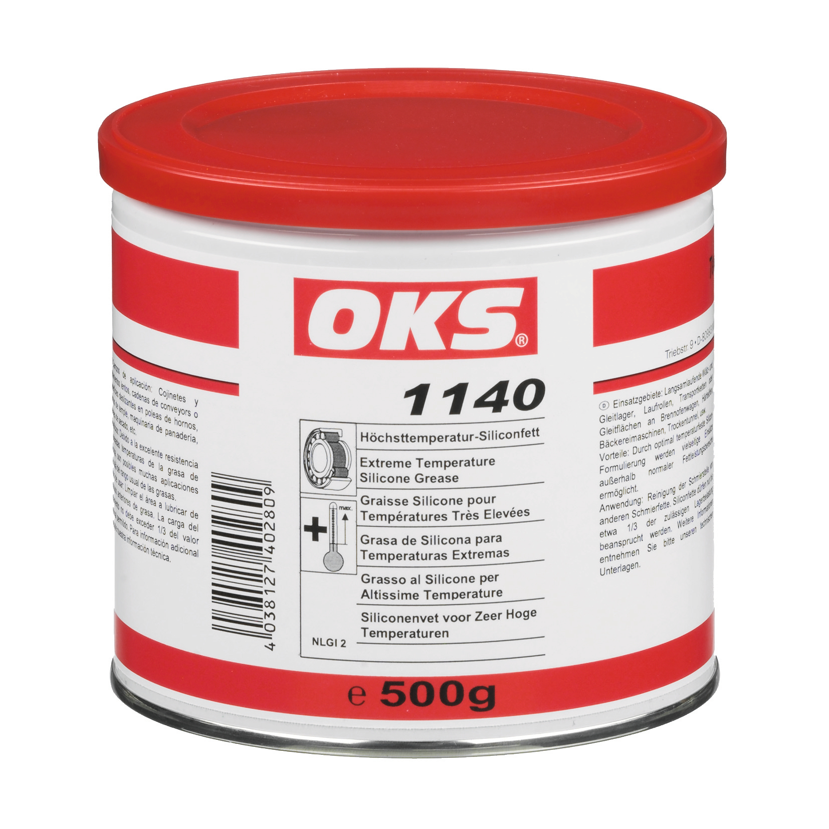OKS1140-500GR OKS 1140 is een siliconenvet voor zeer hoge temperaturen voor langzaamlopende machinedelen bij extreem hoge temperaturen.