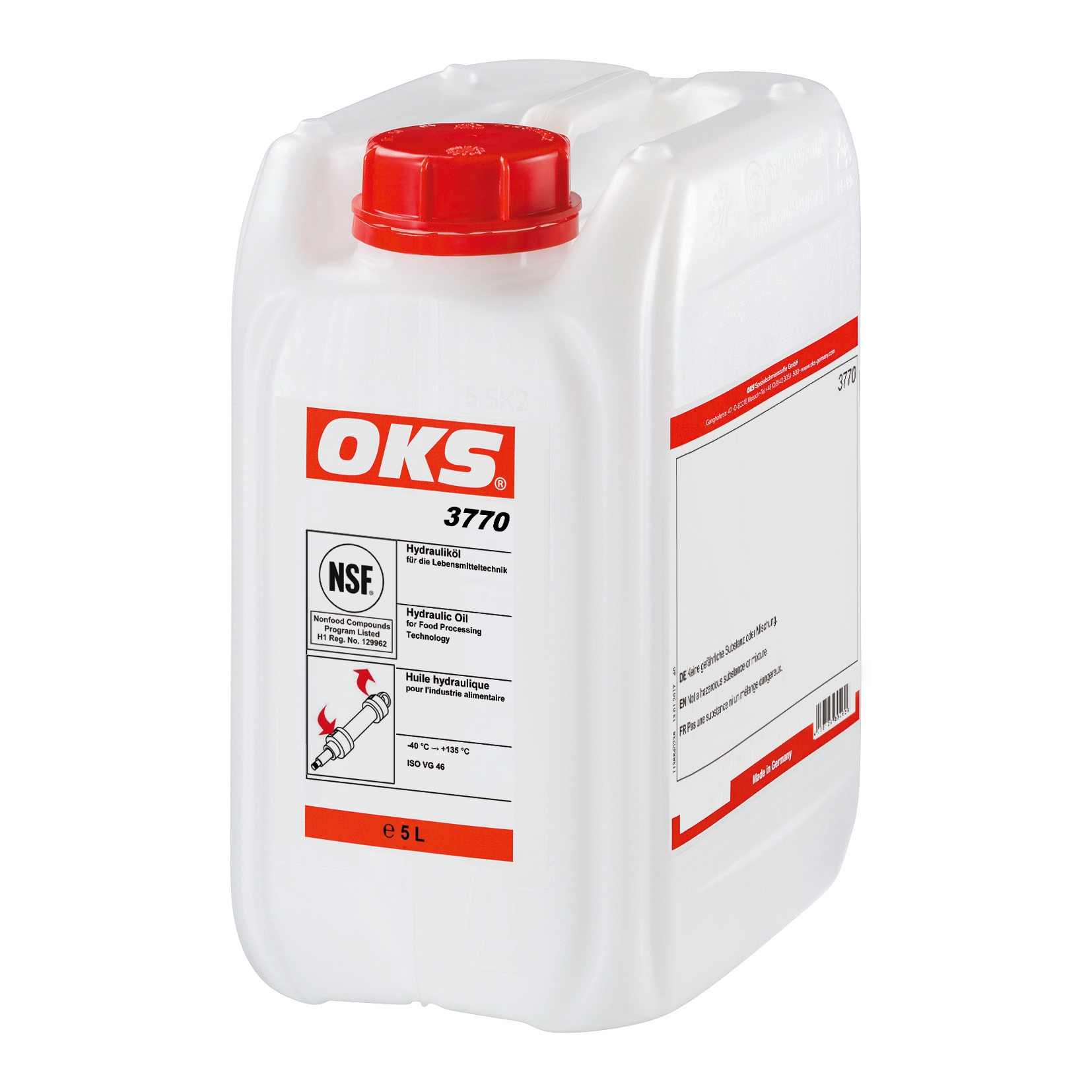 OKS3770-5 Volledig synthetische olie van ISO VG-klasse 46 voor hydraulische systemen en compressoren in de levensmiddelentechniek.